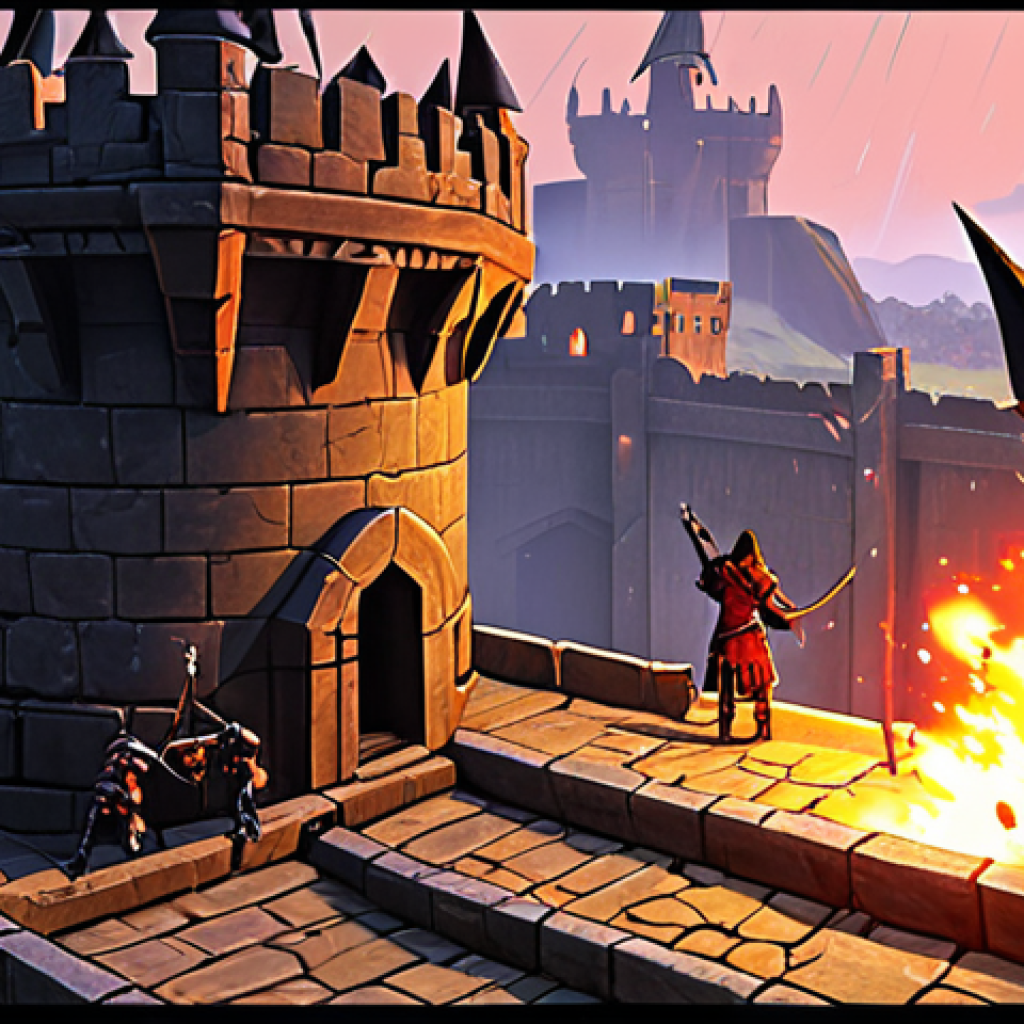 **
A high-fantasy siege scene. An archer stands on a raised platform overlooking a fortified wall. Below, a warrior tank holds a narrow choke point against a horde of attacking enemies. Mages on the platform rain down fireballs. The style should be reminiscent of a popular MMORPG, with vibrant colors and detailed character designs. Focus on the sense of elevation and strategic advantage.
**