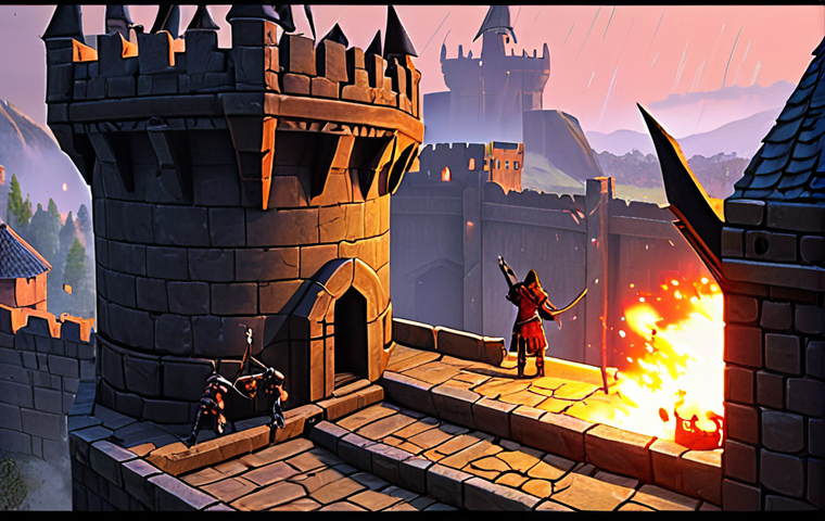 **

A high-fantasy siege scene. An archer stands on a raised platform overlooking a fortified wall. Below, a warrior tank holds a narrow choke point against a horde of attacking enemies. Mages on the platform rain down fireballs. The style should be reminiscent of a popular MMORPG, with vibrant colors and detailed character designs. Focus on the sense of elevation and strategic advantage.

**