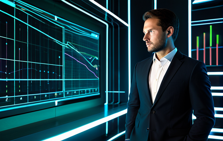 A focused male professional, aged 30s, wearing a modest, dark business suit and a crisp white shirt, standing thoughtfully in a sophisticated, futuristic strategy room. He is gazing at a transparent holographic display that projects abstract, illuminated data visualizations, representing complex game statistics and resource allocation. The room features sleek, minimalist furniture and subtle ambient blue and green neon lighting that reflects on polished surfaces, emphasizing deep contemplation and strategic planning. His posture is natural and composed. The scene is depicted with high-fidelity digital art, clean lines, and sharp focus, ensuring perfect anatomy, correct proportions, well-formed hands, and natural body proportions. This is safe for work, appropriate content, fully clothed, professional, and family-friendly.
