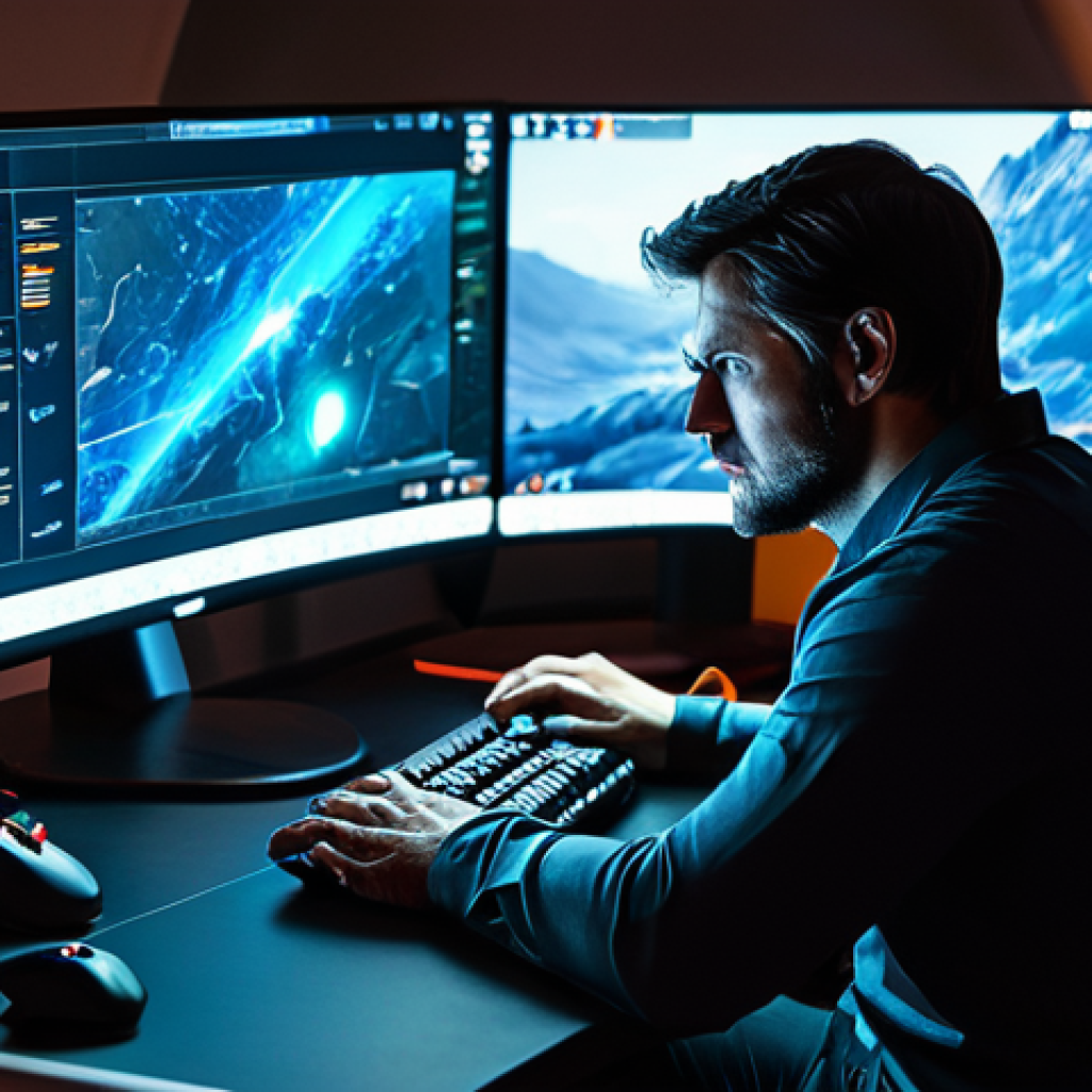 A focused professional gamer, mid-30s, dressed in a modest, comfortable long-sleeved shirt and trousers, sits at a high-tech gaming desk. Their expression is thoughtful and slightly frustrated, gazing intently at a large, glowing curved monitor displaying complex statistics and character models from a fantasy RPG game. The modern gaming setup is illuminated by soft ambient light. The scene captures the moment of strategic decision-making and grappling with in-game challenges. Fully clothed, appropriate attire, safe for work, professional, perfect anatomy, correct proportions, natural pose, well-formed hands, proper finger count, natural body proportions, high-quality, ultra-realistic, cinematic lighting.