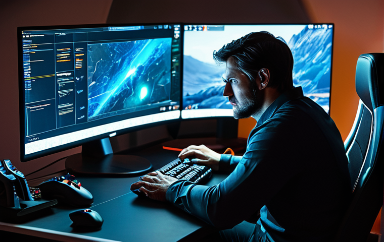 A focused professional gamer, mid-30s, dressed in a modest, comfortable long-sleeved shirt and trousers, sits at a high-tech gaming desk. Their expression is thoughtful and slightly frustrated, gazing intently at a large, glowing curved monitor displaying complex statistics and character models from a fantasy RPG game. The modern gaming setup is illuminated by soft ambient light. The scene captures the moment of strategic decision-making and grappling with in-game challenges. Fully clothed, appropriate attire, safe for work, professional, perfect anatomy, correct proportions, natural pose, well-formed hands, proper finger count, natural body proportions, high-quality, ultra-realistic, cinematic lighting.