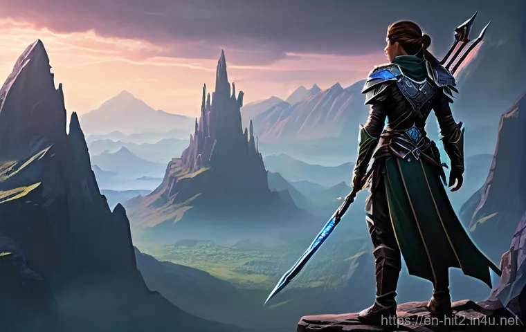 히트2 정기 업데이트 리뷰 - **Prompt: "Whispering Peaks Exploration"**
    A lone, heroic female adventurer, clad in intricate, ...