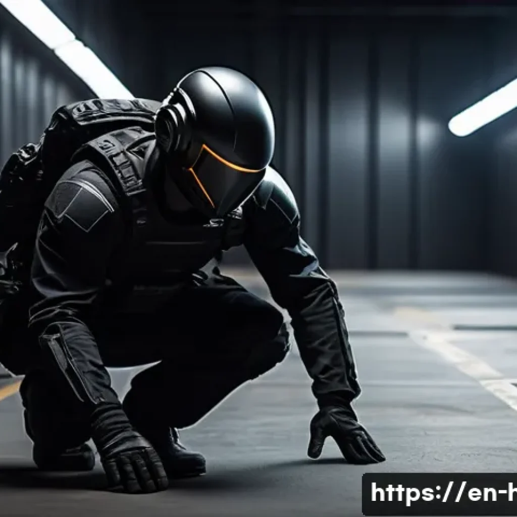 히트2 스킬 연계 분석 - A stealthy agent dressed in a sleek black tactical outfit with subtle armor padding, crouching silen...