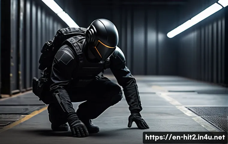 히트2 스킬 연계 분석 - A stealthy agent dressed in a sleek black tactical outfit with subtle armor padding, crouching silen...