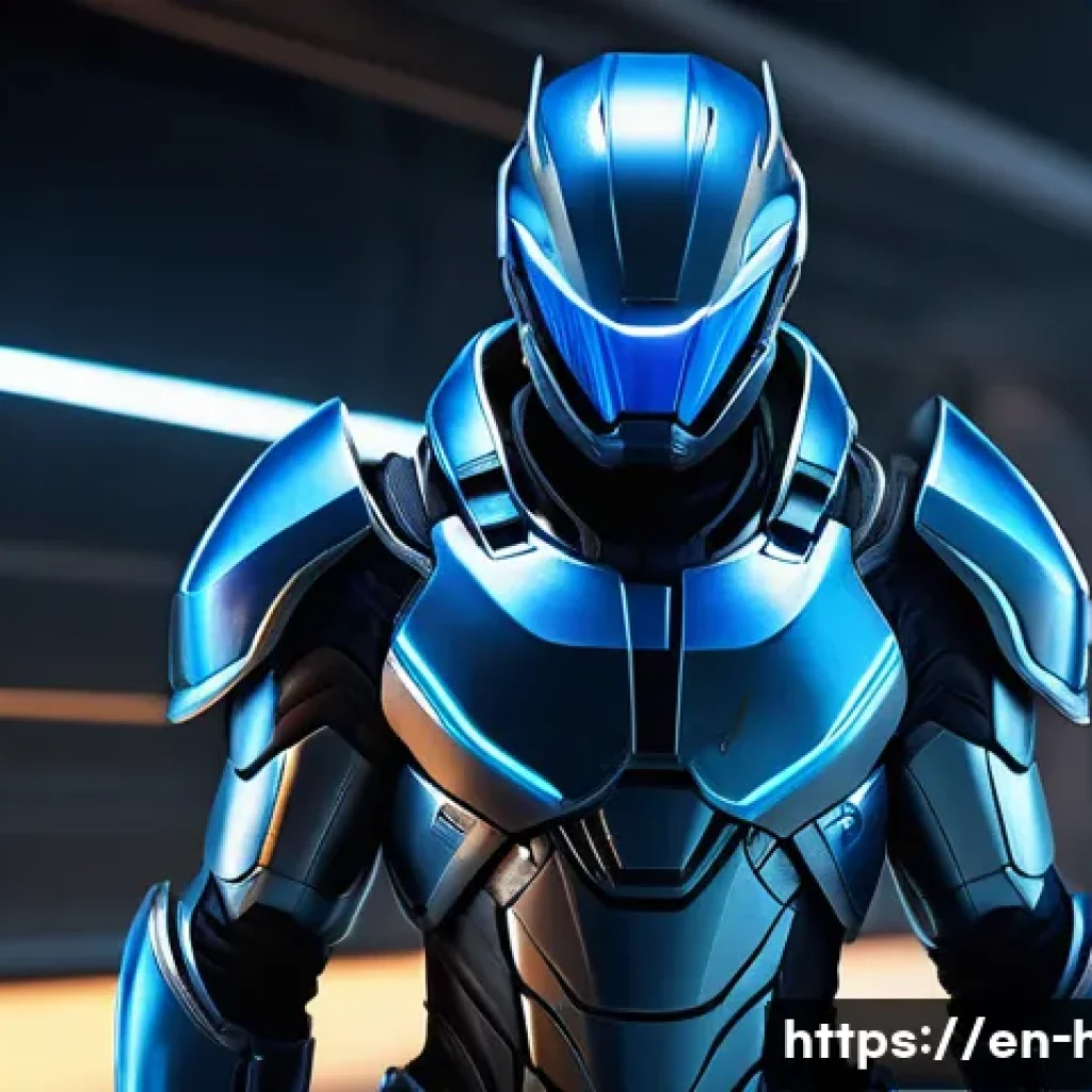 히트2 팬아트 및 스킨 제작 가이드 - A highly detailed futuristic warrior skin design for Hit 2, featuring sleek chrome armor with subtle...