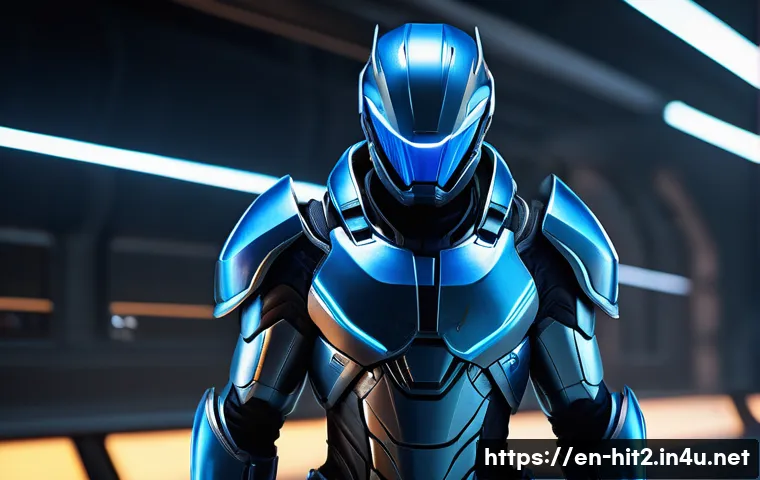 히트2 팬아트 및 스킨 제작 가이드 - A highly detailed futuristic warrior skin design for Hit 2, featuring sleek chrome armor with subtle...