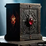 히트2 장신구 옵션 분석 - A detailed fantasy warrior accessory set displayed on an ancient stone pedestal in a dimly lit dunge...