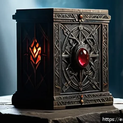 히트2 장신구 옵션 분석 - A detailed fantasy warrior accessory set displayed on an ancient stone pedestal in a dimly lit dunge...