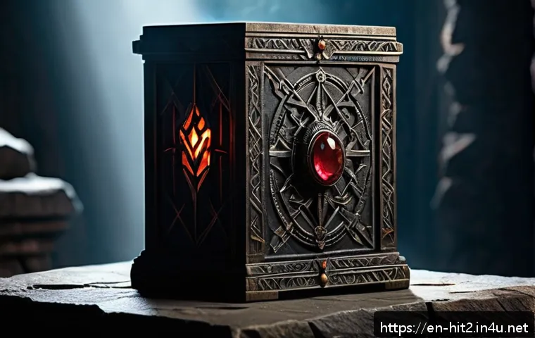 히트2 장신구 옵션 분석 - A detailed fantasy warrior accessory set displayed on an ancient stone pedestal in a dimly lit dunge...