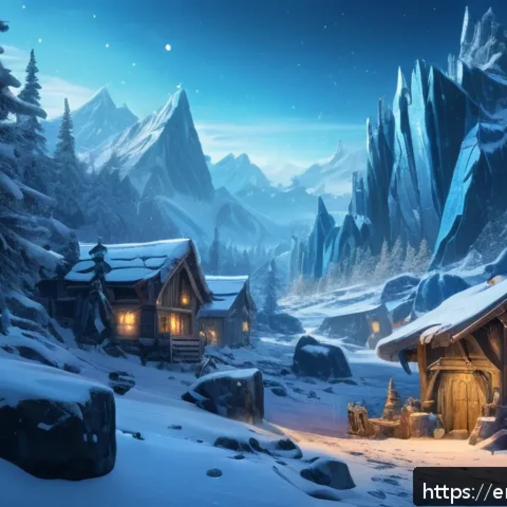 히트2 전설 무기 제작 재료 - A high-fantasy mining scene set in Frostfall Ridge, showcasing clusters of shimmering crystalline or...