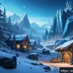히트2 전설 무기 제작 재료 - A high-fantasy mining scene set in Frostfall Ridge, showcasing clusters of shimmering crystalline or...