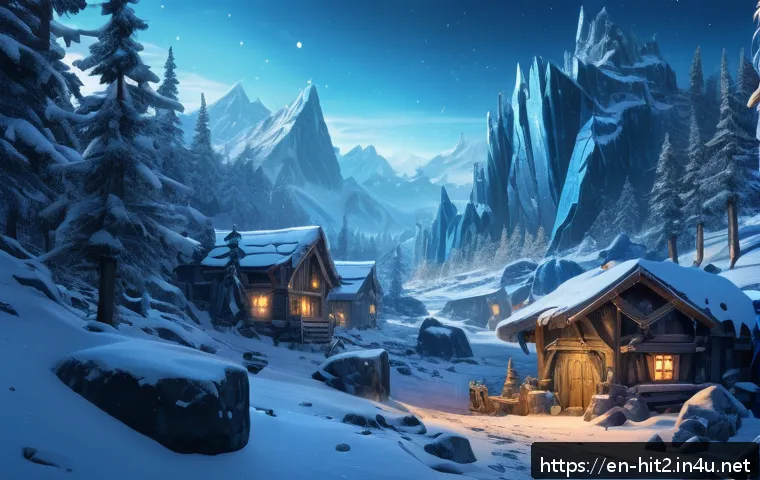 히트2 전설 무기 제작 재료 - A high-fantasy mining scene set in Frostfall Ridge, showcasing clusters of shimmering crystalline or...