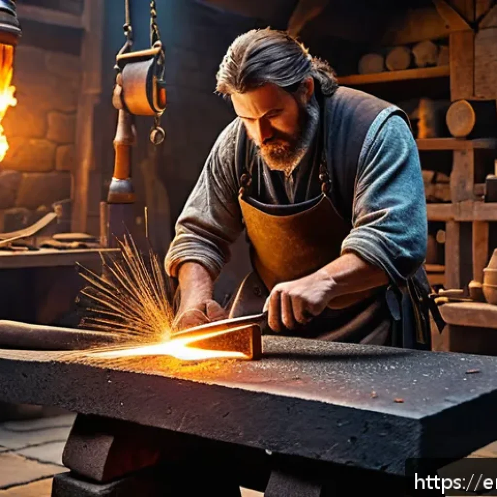 히트2 장비 강화 성공률 - A detailed fantasy RPG blacksmith forge scene, showing a skilled artisan enhancing a glowing sword o...