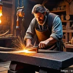 히트2 장비 강화 성공률 - A detailed fantasy RPG blacksmith forge scene, showing a skilled artisan enhancing a glowing sword o...