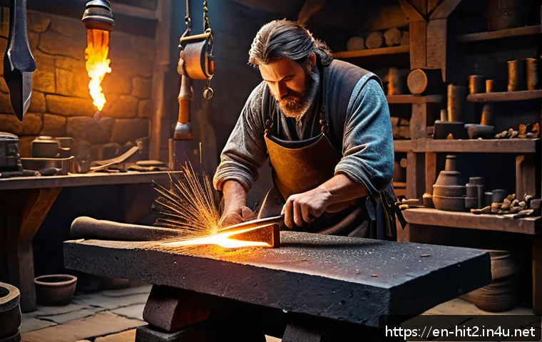 히트2 장비 강화 성공률 - A detailed fantasy RPG blacksmith forge scene, showing a skilled artisan enhancing a glowing sword o...