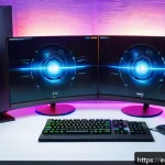 히트2 글로벌 서버 정보 - A dynamic gaming setup scene showing a modern gamer&rsquo;s desk with a high-end PC, dual monitors display...