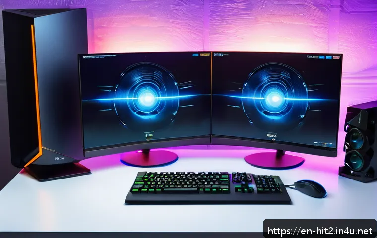히트2 글로벌 서버 정보 - A dynamic gaming setup scene showing a modern gamer&rsquo;s desk with a high-end PC, dual monitors display...