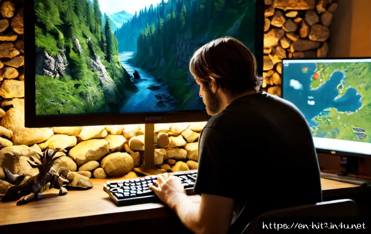 히트2 효율적인 사냥 루트 - Photorealistic fantasy gaming scene, a focused adult player at a clean desk using a monitor displayi...