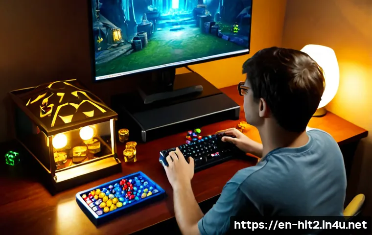 히트2 아이템 드랍 확률 증가법 - Photorealistic gaming desk scene, focused adult player wearing casual clothing at a clean home compu...