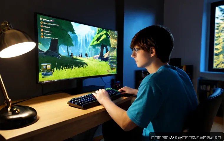 Home 30 히트2 무과금 유저 생존법 - Photorealistic evening scene of a focused young adult gamer at a tidy home desk, carefully tracking ...