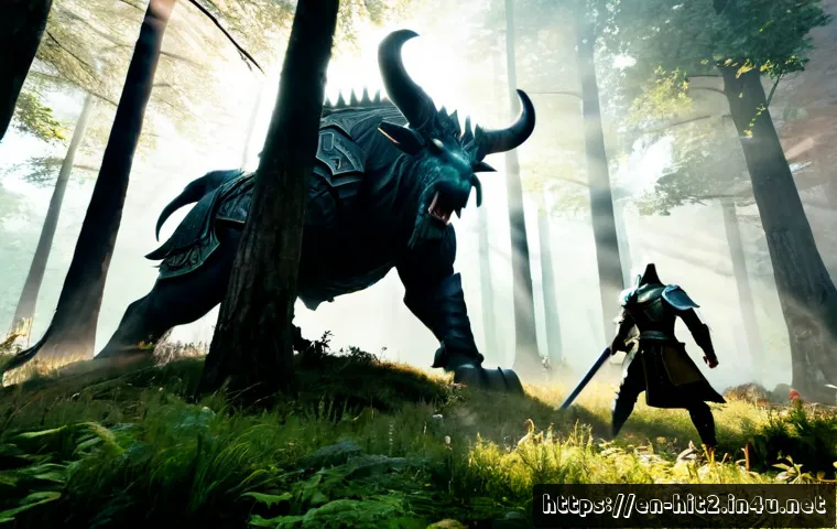 Home 17 히트2 필드보스 공략 - Photorealistic fantasy MMORPG field boss battle, a colossal stone-armored horned beast emerging from...