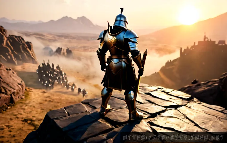 히트2 PvP 필드 전투 요령 - Photorealistic high-fantasy mobile game PvP field battle scene, a focused armored warrior standing o...